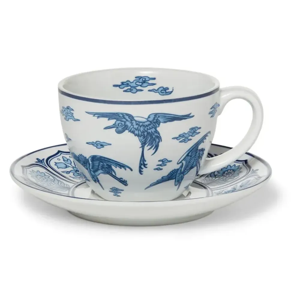 Blue & White Cranes Teacup And Saucer