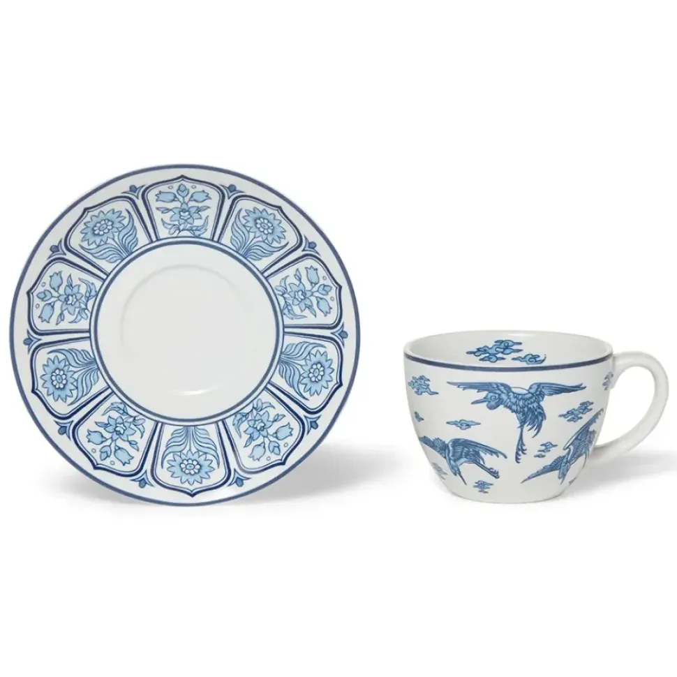 Blue & White Cranes Teacup And Saucer