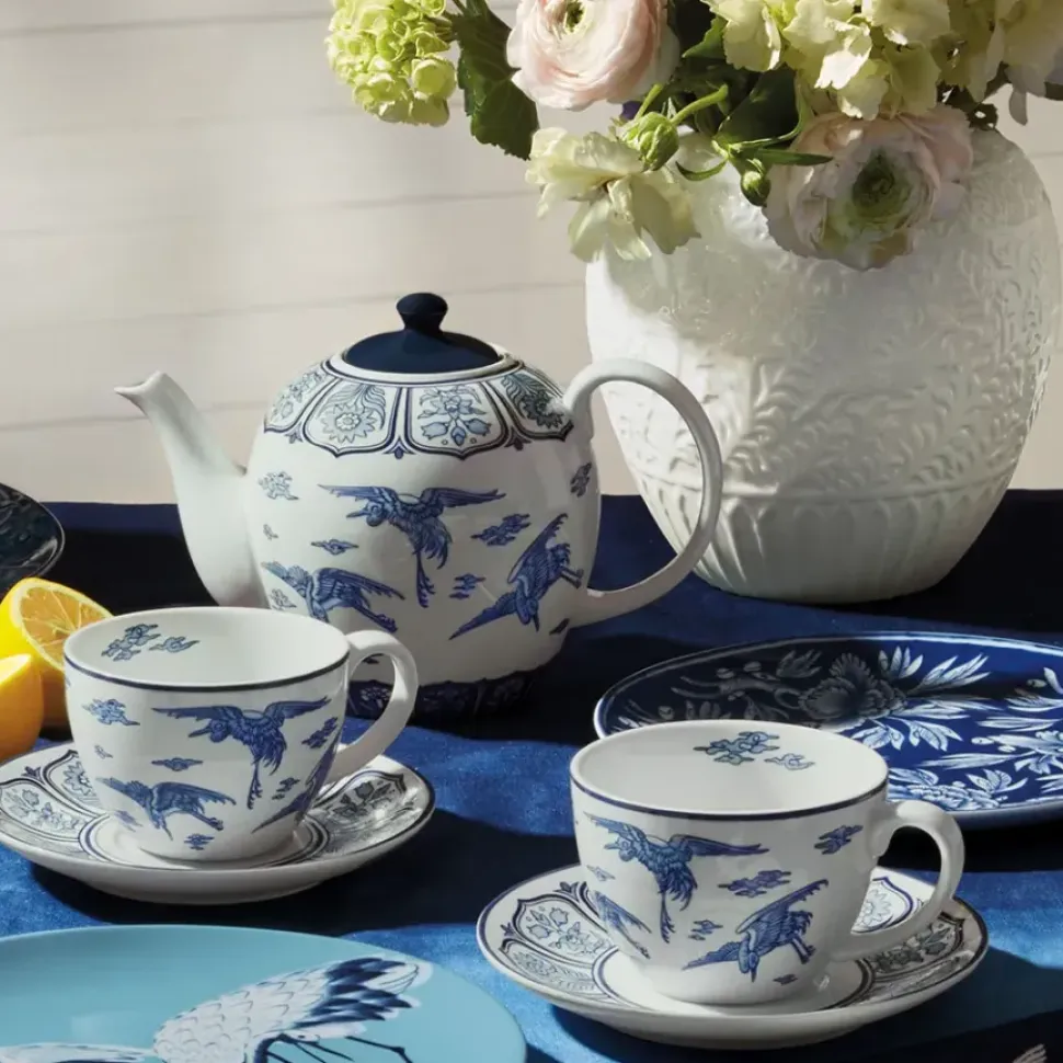 Blue & White Cranes Teacup And Saucer