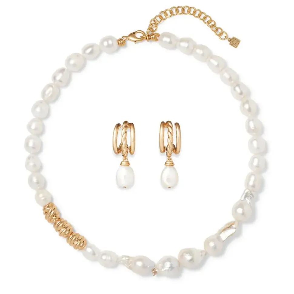 Cypriot Twist Pearl Necklace And Triple-Hoop Earrings Set