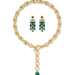 Roman Malachite Statement Necklace And Chandelier Earrings Set
