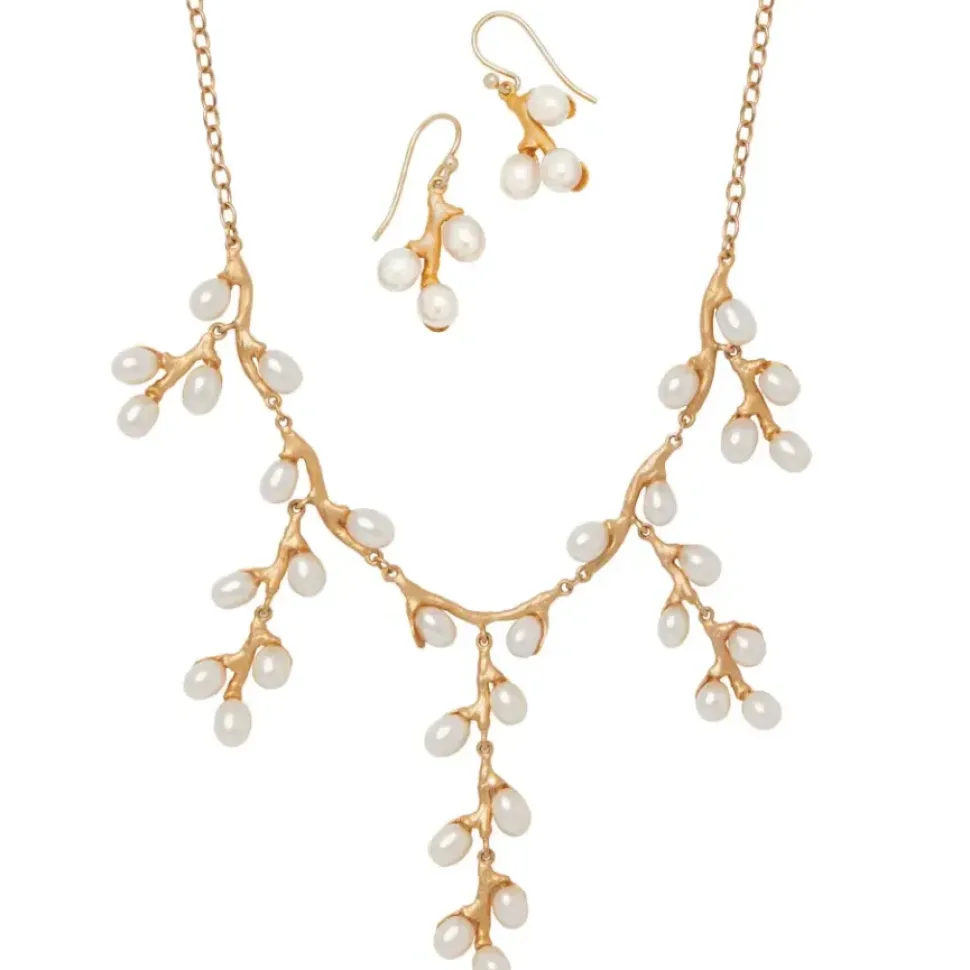 Willow Catkins Pearl Bib Necklace And Drop Earrings Set